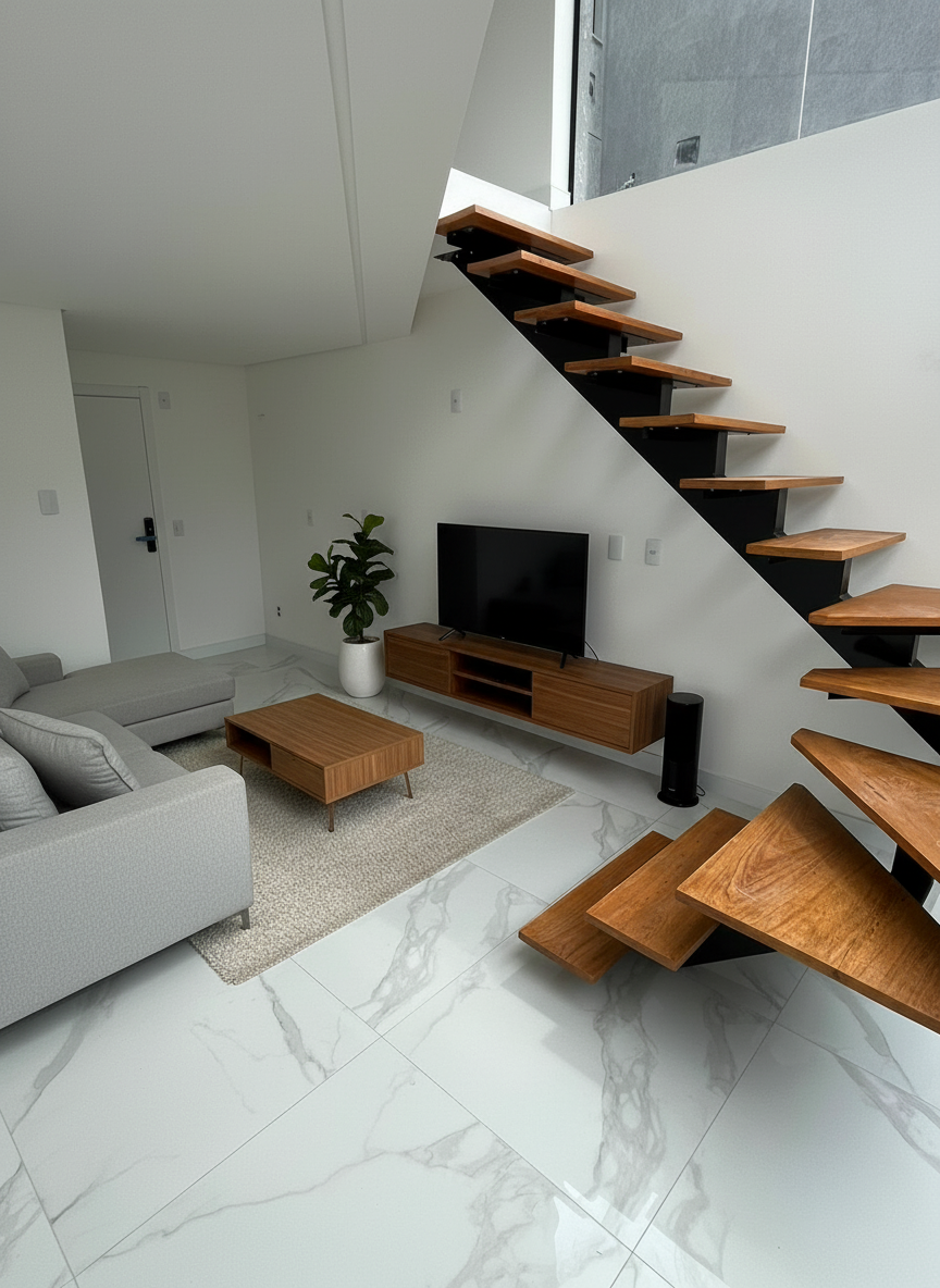 A imagem mostra um ambiente interno com uma escada de madeira de design moderno, com degraus flutuantes fixados em uma estrutura metálica preta. O piso é de porcelanato com acabamento que imita mármore, apresentando veios cinza sobre um fundo branco. As paredes são brancas, e há uma porta ao fundo. Não há alimentos ou acompanhamentos visíveis na imagem.